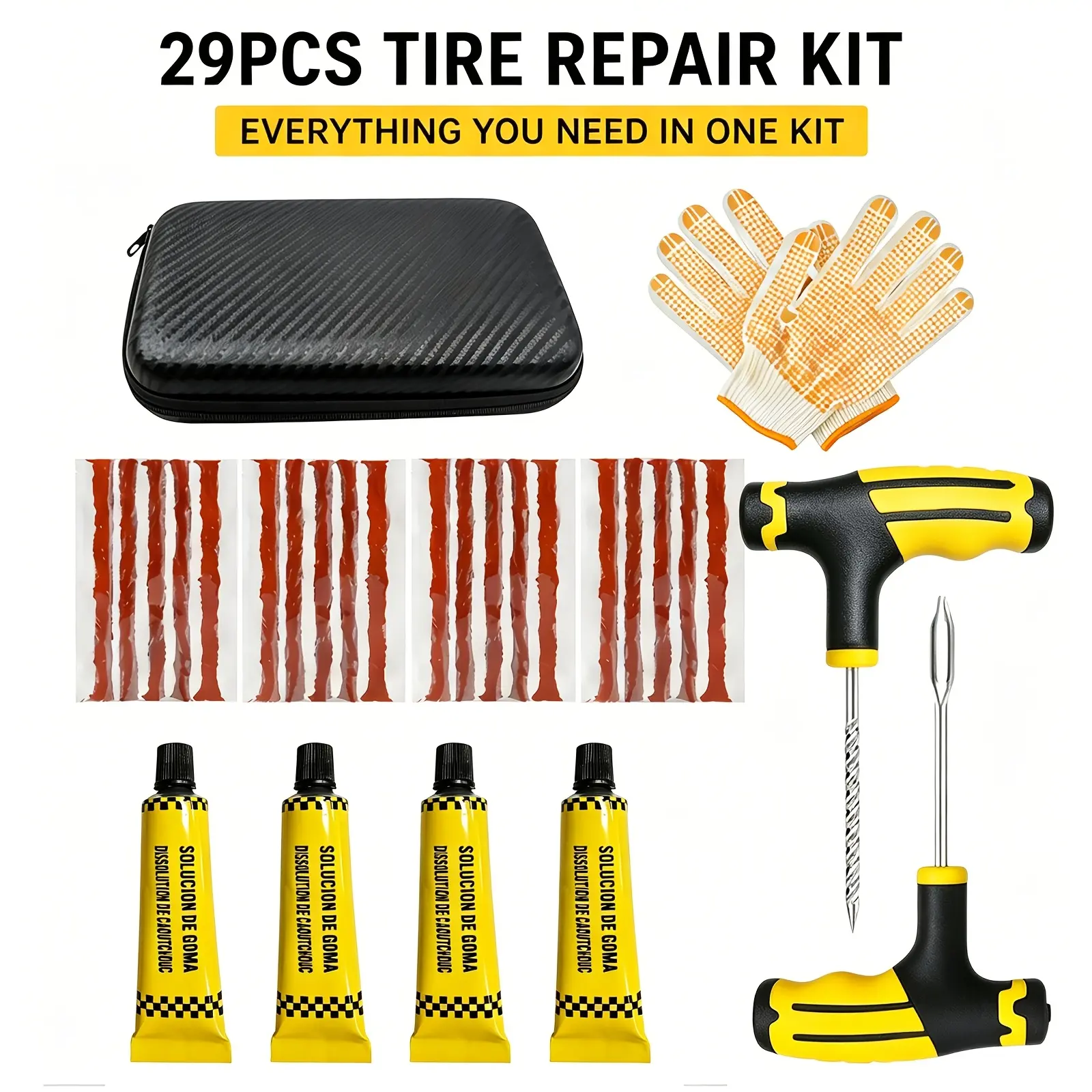 Durable Tire Repair Kit — suitable for all models of cars, trucks, and motorcycles, compatible with tubeless tires that do not include inner tubes.Complete set of professional sealing repair accessories.Portable Car Emergency Tire Repair Tool Kit