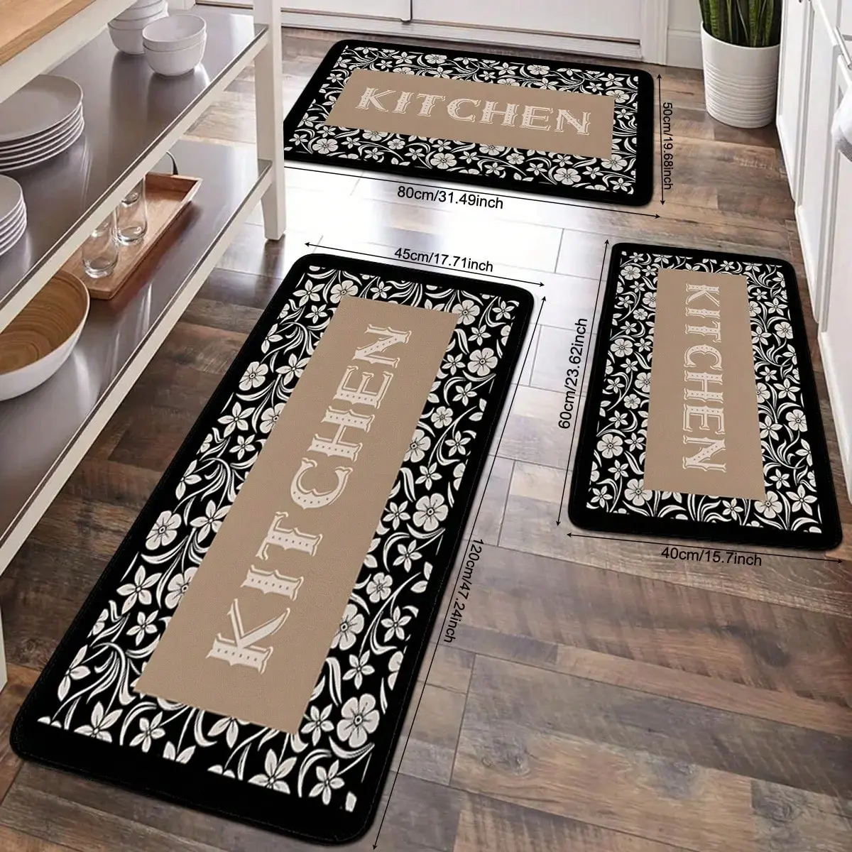 JIT 2/3pcs Kitchen Black patterned simple pattern carpet decoration gift Kitchen carpet set, flannel bedside set floor mat anti-slip washable bedside soft carpet, suitable for kitchen, laundry room, corridor floor running mat carpet, Kitchen Floor Rugs