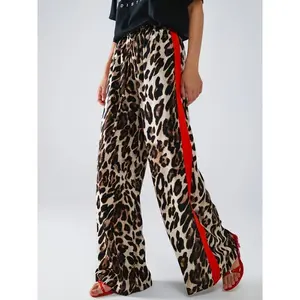 Women'S Plus Size Leopard Print Wide-Leg Pants - Casual Loose Fit with Contrast Stripe, Non-Stretch Fabric, All-Season Comfort, Plus Size Pants