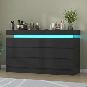 Black / White Dresser for Bedroom with 6 Drawers, Dresser Storage Cabinet with Power Outlet and LED Light, Modern Chest of Drawers for Closet, Drawer Organizer Cabinet for Living Room, Entryway