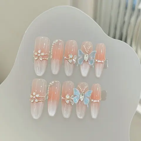 Women's Handmade 3D Floral Duck Decorative Press-On Nails & Accessories Kit - 8 Pairs Glossy Reusable Cute Glamorous Almond & Mixed Shapes, Shimmery Designs for Wedding Party, Nails Inspo Transformation