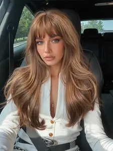 24inch Long Curly Bangs Synthetic Wig, Natural Look, Easy Maintenance, Stylist Friendly Wig, Suitable for Daily Wear or Parties, Elegant Women Hairstyle, Natural Looking Wig