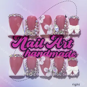 Delicatething Y2K Style Duckbill Nails, Handmade Nail Art with Bow, Colorful Diamonds, Glitter Rhinestones, Deep V French Design, Perfect Gift for Women