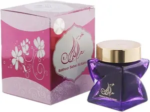 Bakhoor Saher Al Kalmat 30g – Traditional Arabic Incense Wood Chips – Purple Glass Bottle with Gold Cap – Made in Saudi Arabia