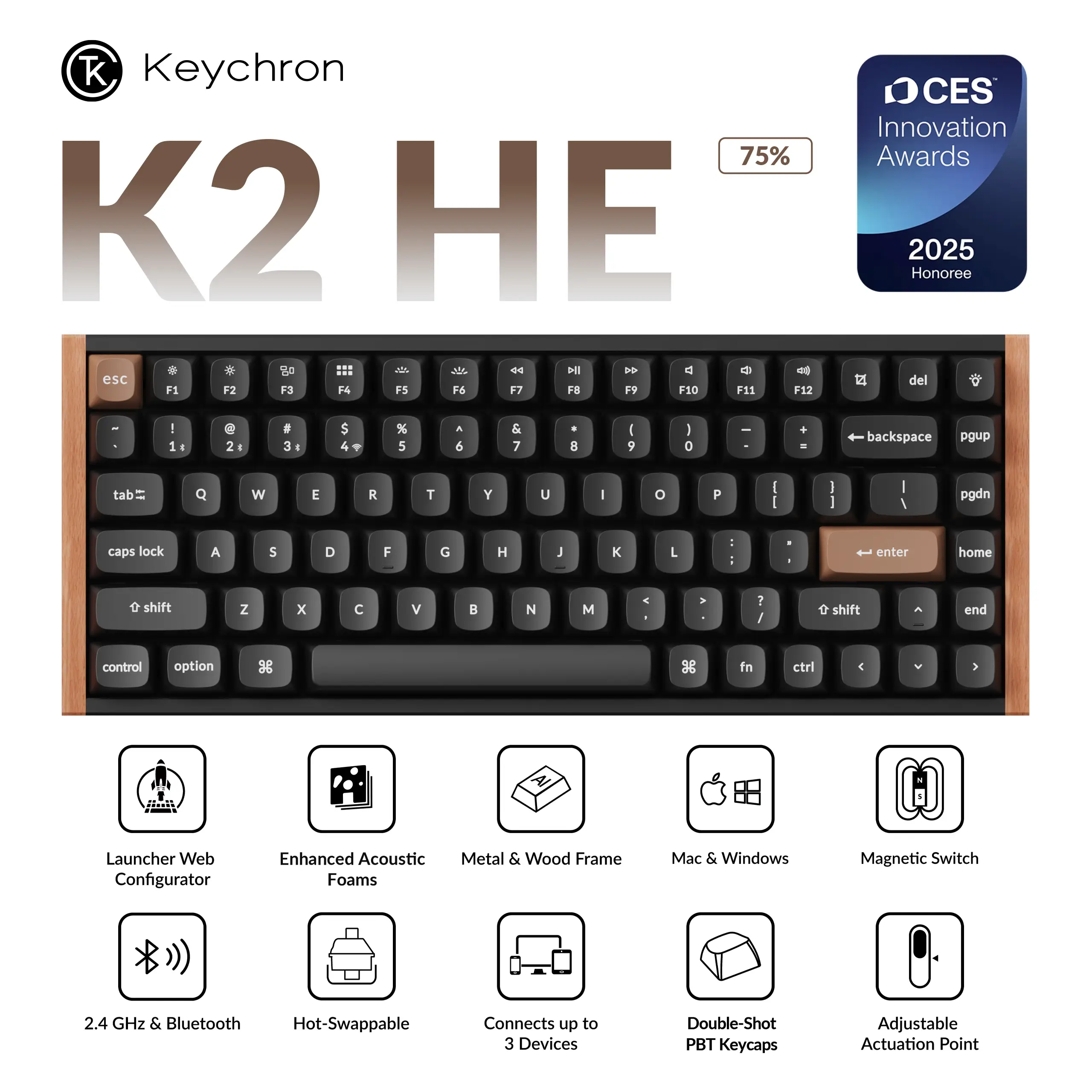 【CES Innovation Awards】Keychron K2 HE Wireless Magnetic Switch Custom Keyboard, Rapid Trigger, Gamepad Analog,Adjustable Actuation Point Pbt Keycaps g
