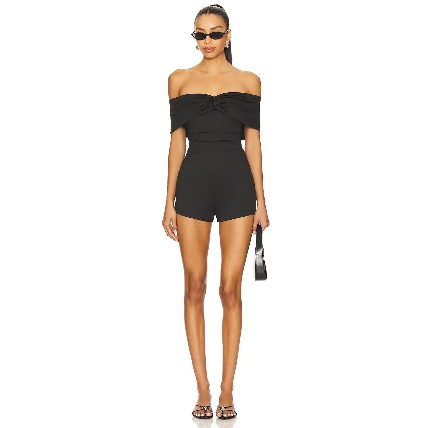 superdown Cher Off Shoulder Romper in Black black