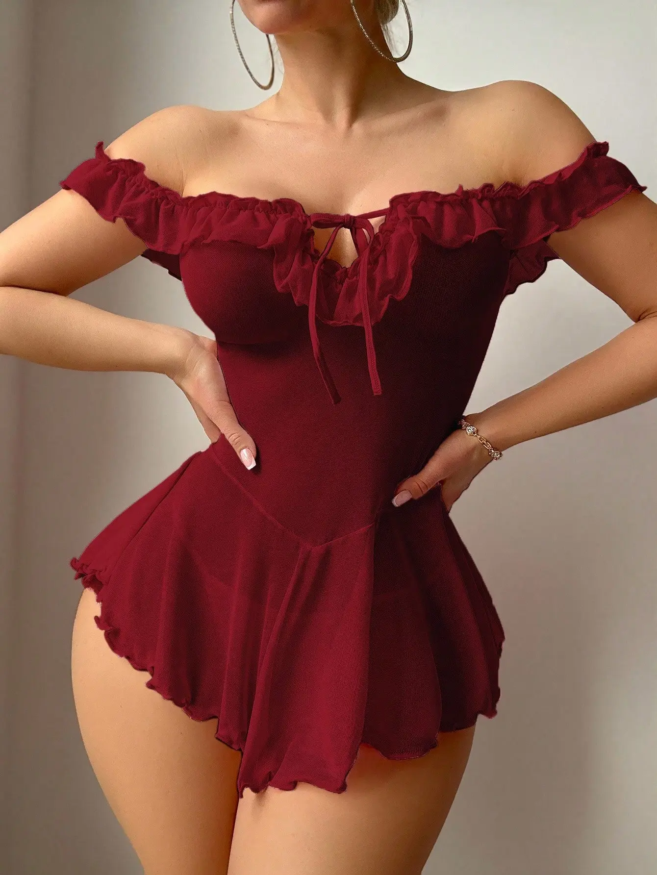 Ruffled Mesh Slip Dress, Off Shoulder, Red Lingerie, Going Out