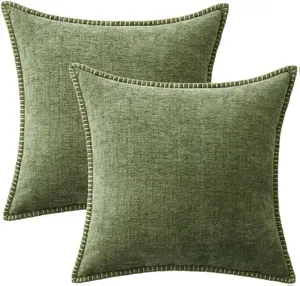 Pack of 2 Fall Couch Throw Pillow Covers 18x18 Inch Sage Green Farmhouse Decorative Pillow Covers with Stitched Edge Soft Chenille Solid Dyed Spring.