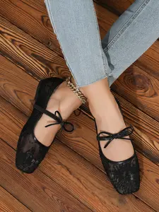 French Lace Sequin Bow Women's Flat Shoes, Breathable Fairy Style, Casual Square Toe, Rubber Sole, Perfect for Dates and Socializing