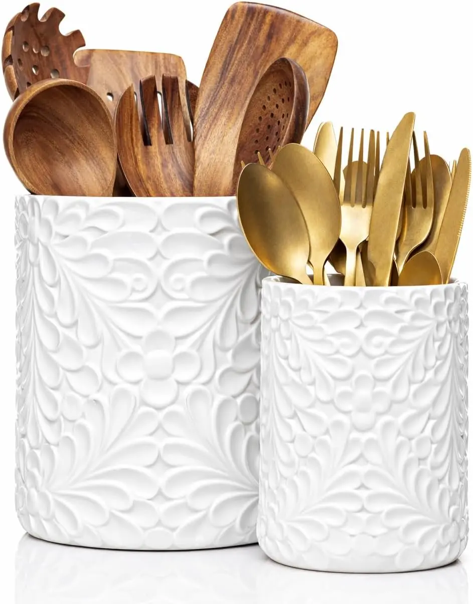 25DOL Large 7.3"+5.4" Engraved Ceramic Utensil Holder for Countertop, Cooking Utensils Organizer for Spatula, Large Utensils Crock for Kitchen Counter, Kitchen Decor, set of 2, White