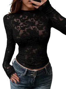 BTFBM Women's Mesh Long Sleeve Top Lace Sheer Crew Neck Slim Fit Sexy Party Club Shirt Blouse
