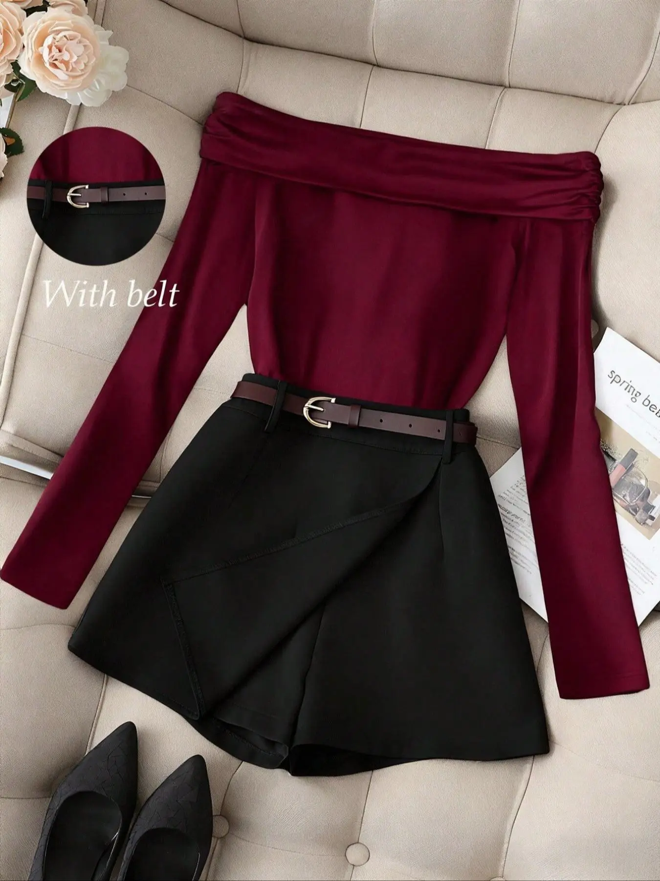 Women's Casual Fashion Commuter Clothes, One Shoulder Long Sleeve Top with Shorts, Belted Skirt Matching Set, Spring & Fall Two-Piece Womenswear