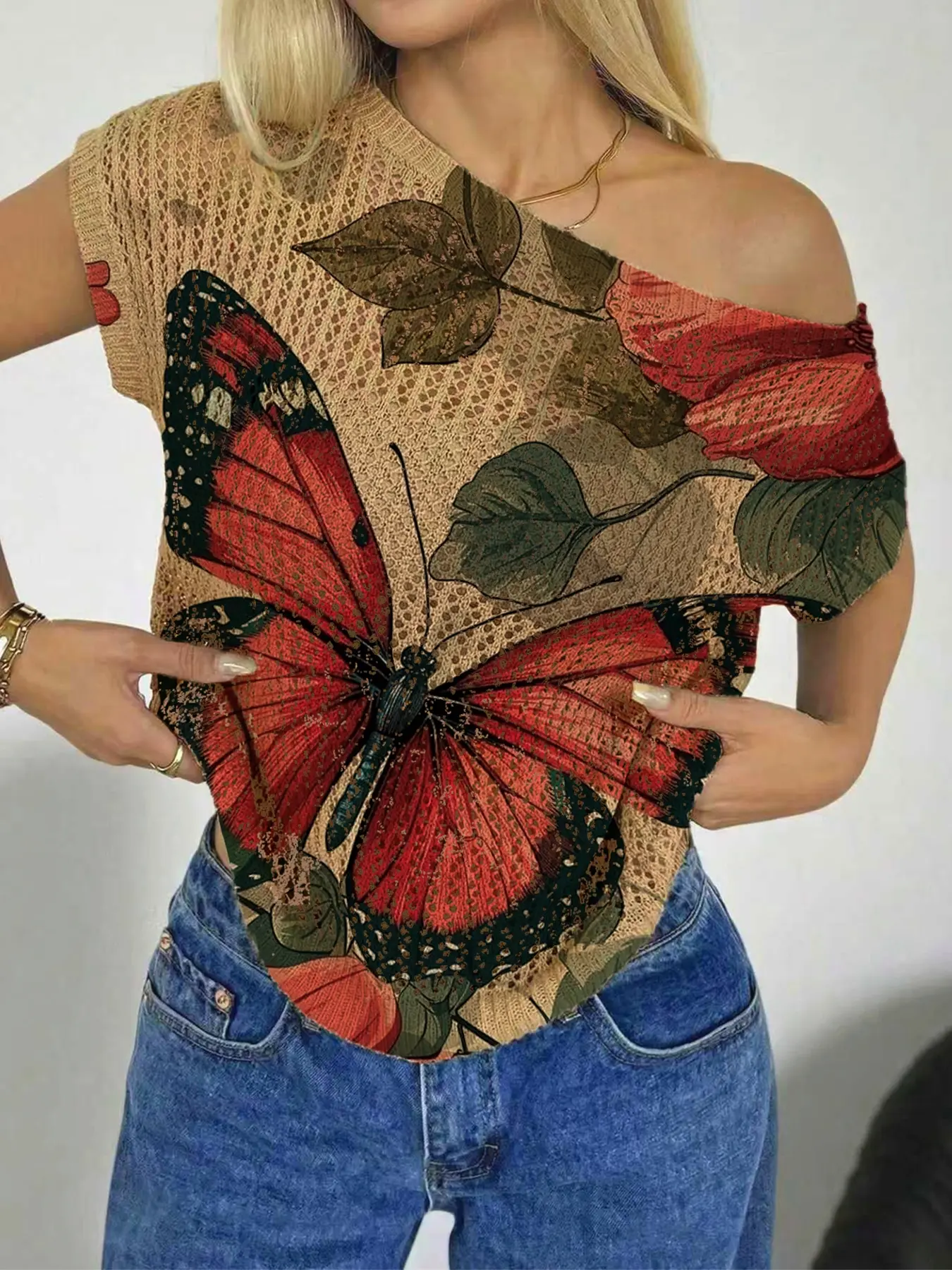Spring Summer Women's Beach Vacation Style Asymmetrical Neck Off-Shoulder Batwing Sleeve Semi-Sheer Lace, Butterfly Print Knit Blouse Top