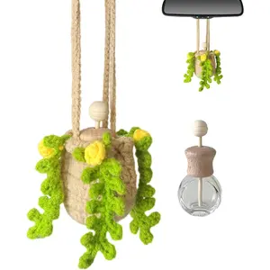 Handmade Crochet Car Essential Oil Diffuser, 10ml Essential Oil Bottle Refillable with Hanging Crochet Rose Ornament for Car Rear View Mirror, Home Office Air Freshener Decor