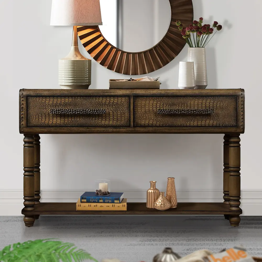 Light Luxury Retro Sofa Table with outlets, 54 inch pine wood console table with 2 Power Outlets and 2 USB Ports for entryway/hallway/ living room with solid wood legs