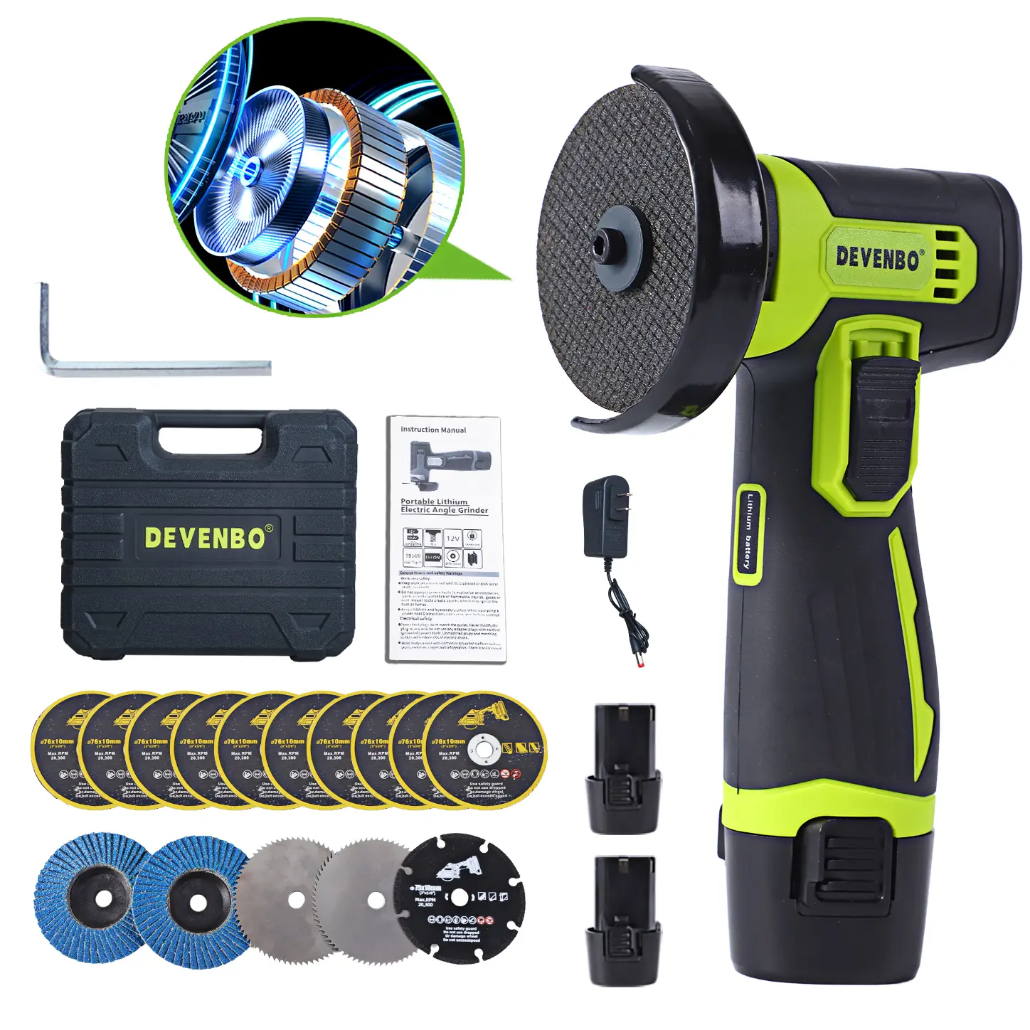 Two Batteries And 10 Multi-Purpose Discs Mini Angle Grinder Cutting Grinding Polishing Heavy Duty Handle Power Tools Devenbo