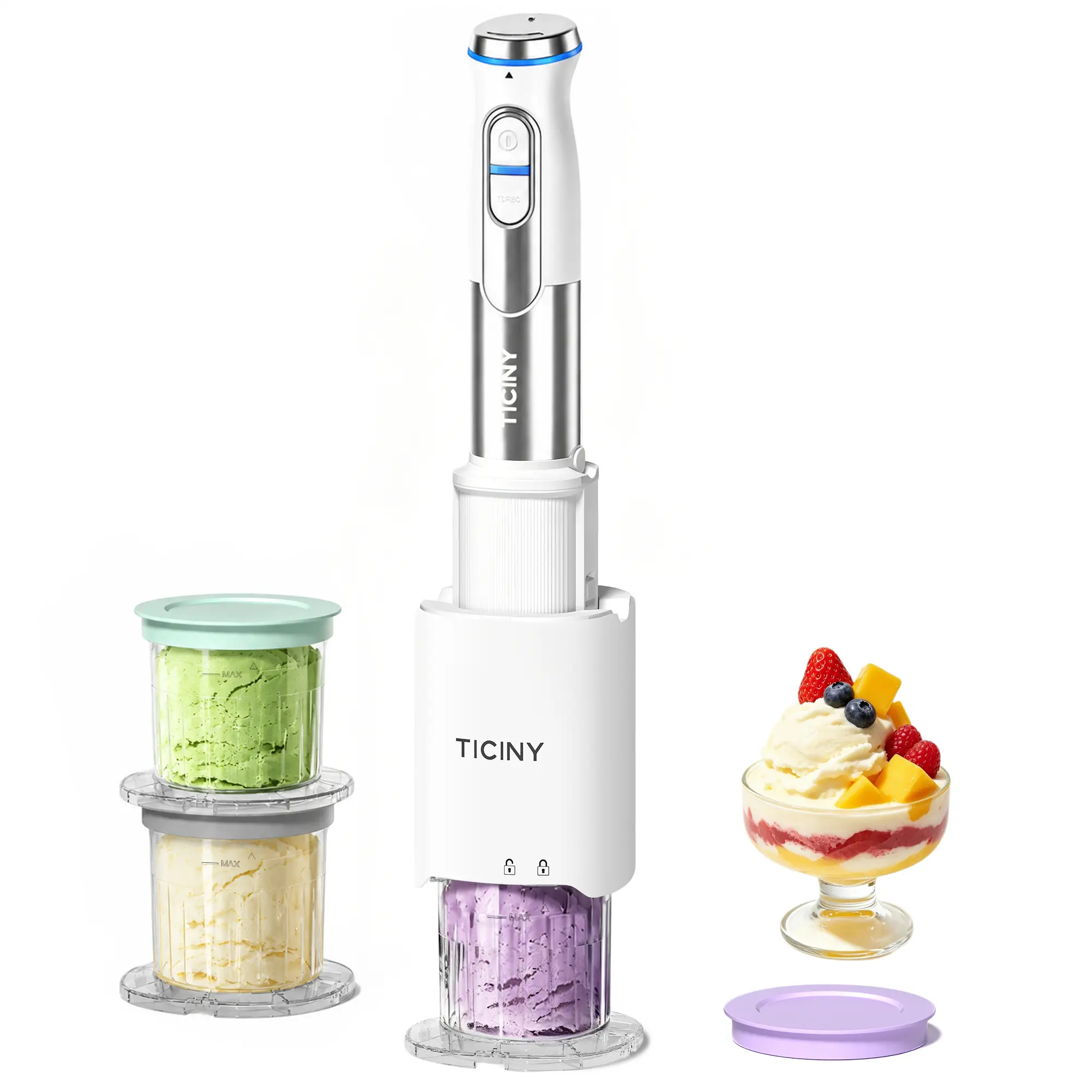 TICINY Ice Cream Maker with 17-Texture Control, 500W Turbo Boost, 3 Half-Pint Cups, Safety Lock, Removable Blade, Treat Maker for Gelato, Sorbet