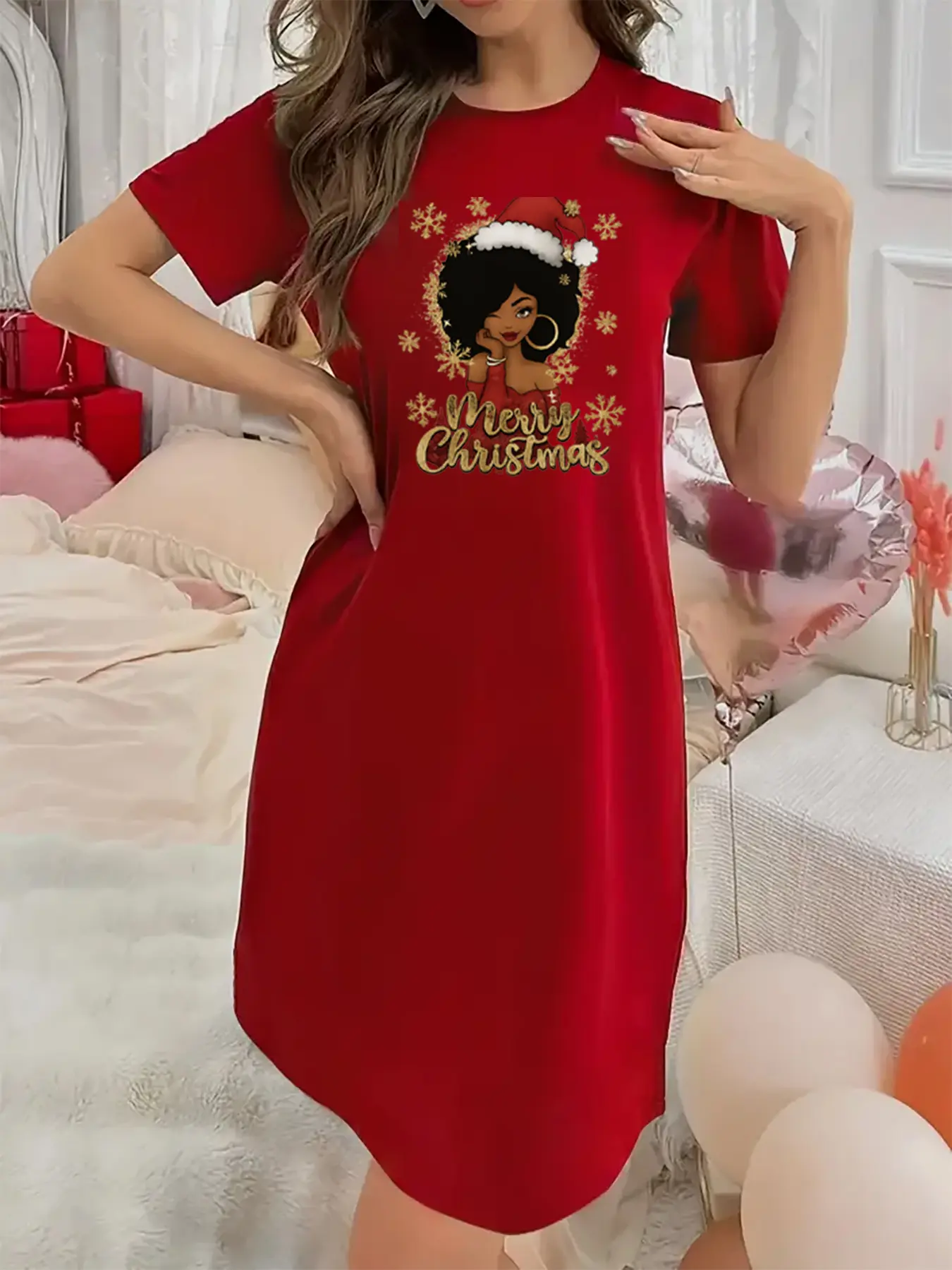 Soft and Slightly Stretchy Women's Underwear Merry Christmas and cartoon black girl Pattern Short Sleeve Crew Neck Nightgown, Sexy Elegant Youthful Women's Christmas Dress, Perfect for Halloween, Christmas, and Thanksgiving Gifts