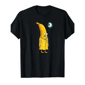 Men's funny banana character in pajamas Graphic T-Shirt - Short Sleeve Crew Neck Regular Fit Casual Wear | Soft & Breathable Fabric, Durable Print, Everyday Comfort, Machine Washable, cartoon humorous illustration of a banana wearing yellow pajamas with a