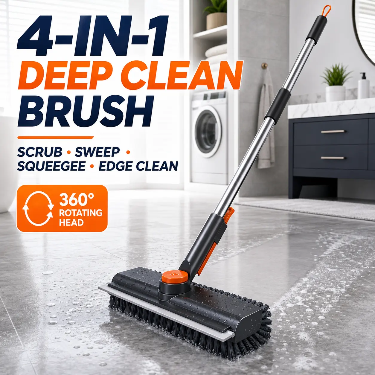4-in-1 Floor Scrub Brush with Adjustable Stainless Steel Telescopic Handle, Lightweight Multi-Brush Squeegee, Rubber Broom, Deep Cleaning Mop & Bucket Set for Home Care Cleaning, Deep Cleaning Mops