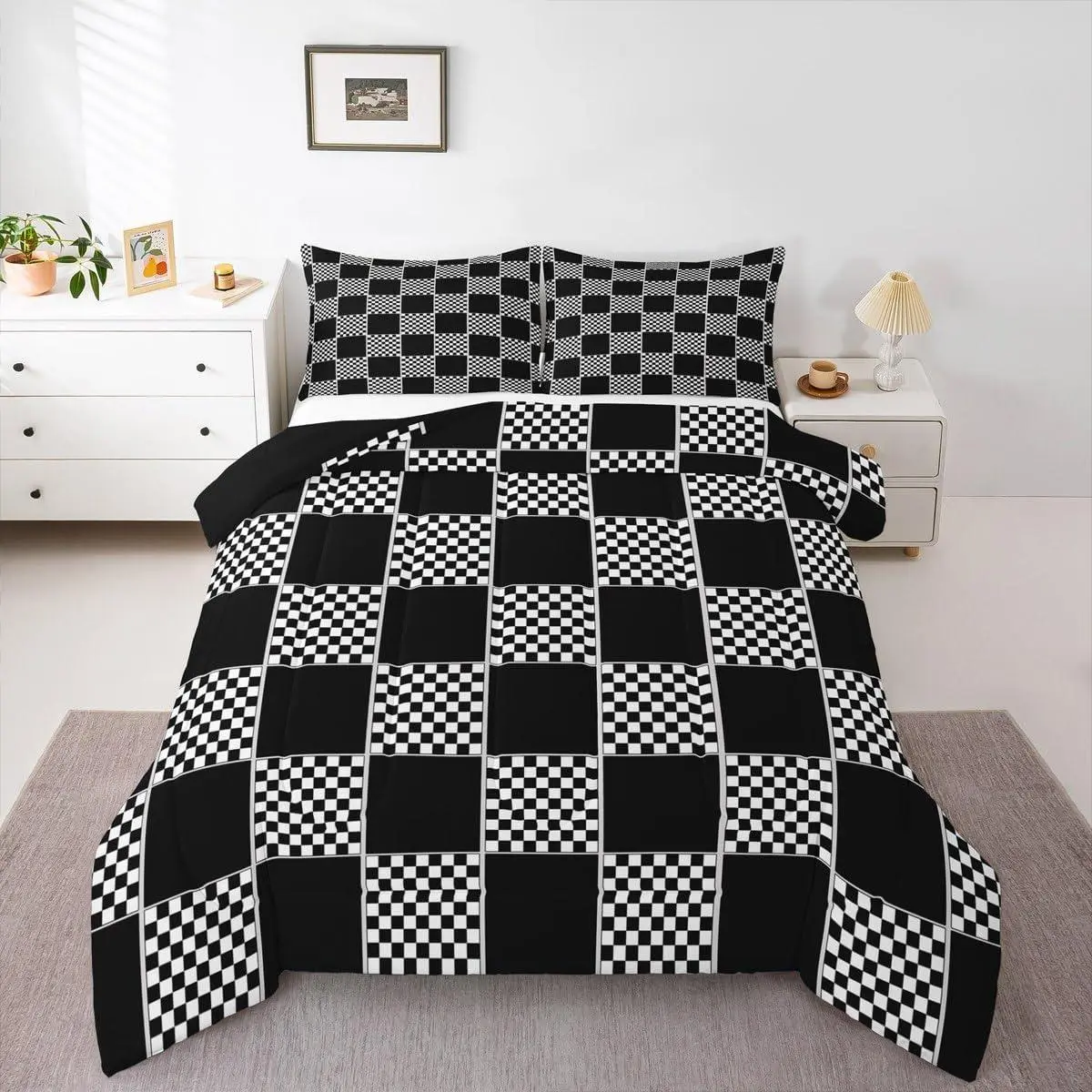 Geometric Checkered Comforter Set Black White Buffalo Plaid Bedding Set Checkerboard Gingham Bed Comforter Sets,Modern Fashion Grids Quilt Duvet