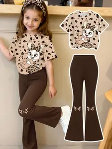 Young Girls Casual Fashion Set, Creative Personalized Cartoon Leopard Rabbit Teddy Bear Bowknot Prints, Fitted T-Shirt and Bell Bottoms, Fashion Style Sets, Cute Clothes Kids Clothing Set