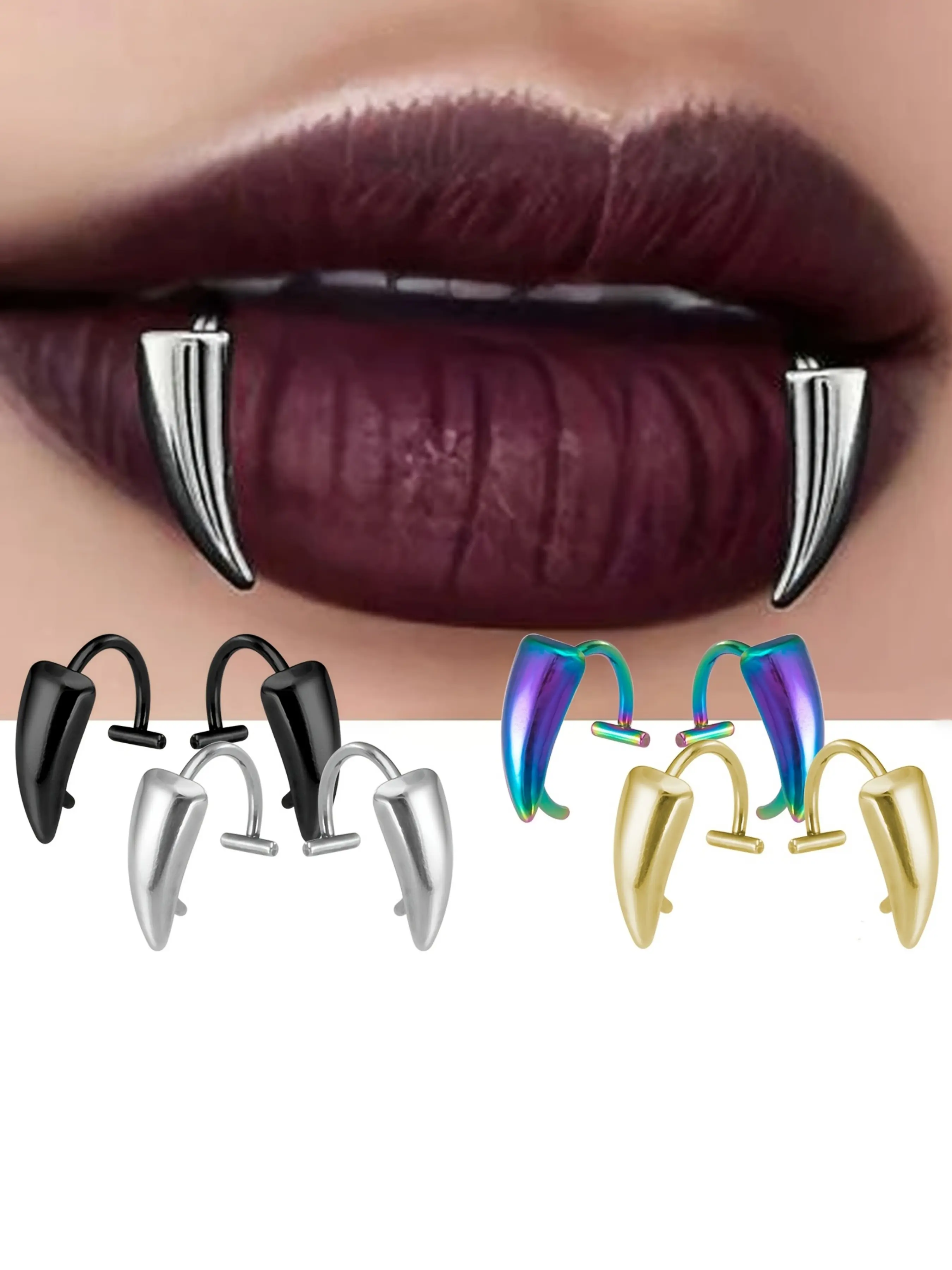 2pcs Sexy Gothic Style Faux Tooth Rings, Y2K Gothic-Inspired Faux Tooth Lip Rings, Stainless Steel Durable Body Jewelry for Women, Daily Wear or Parties, Edgy Look, Edgy Aesthetic