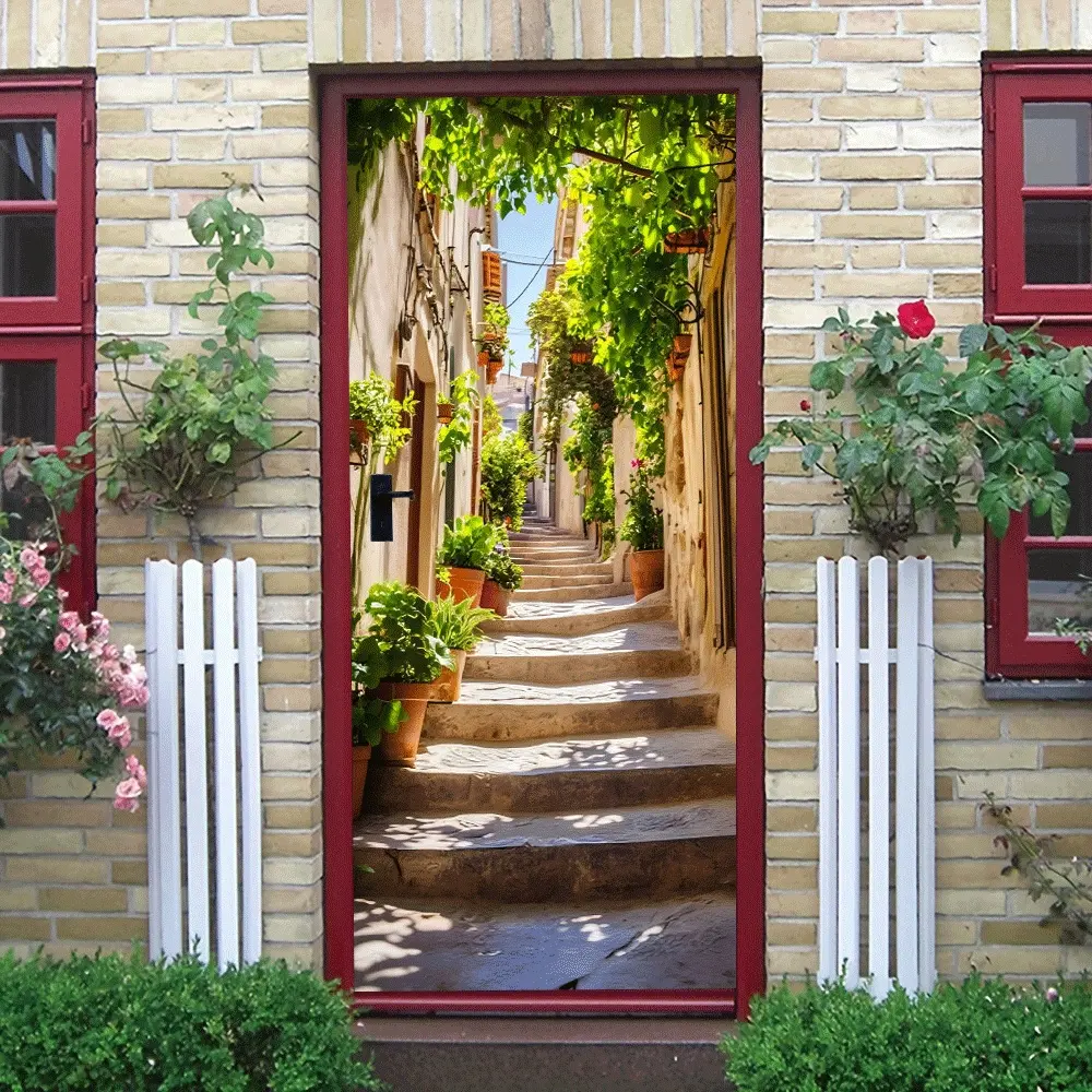 2pcs Mediterranean Style Green Plant Alley Staircase Wall Sticker European Retro Street Scene Self Adhesive Decal Living Room Bedroom Background Wall Decor Mural Removable Waterproof Eco Friendly Materia