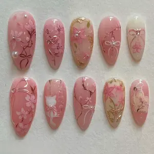 24pcs Almond Shape Press-On Nails, Hand-Embedded Rhinestones, Gradient Butterfly Design, Travel-Friendly Acrylic Nail Art