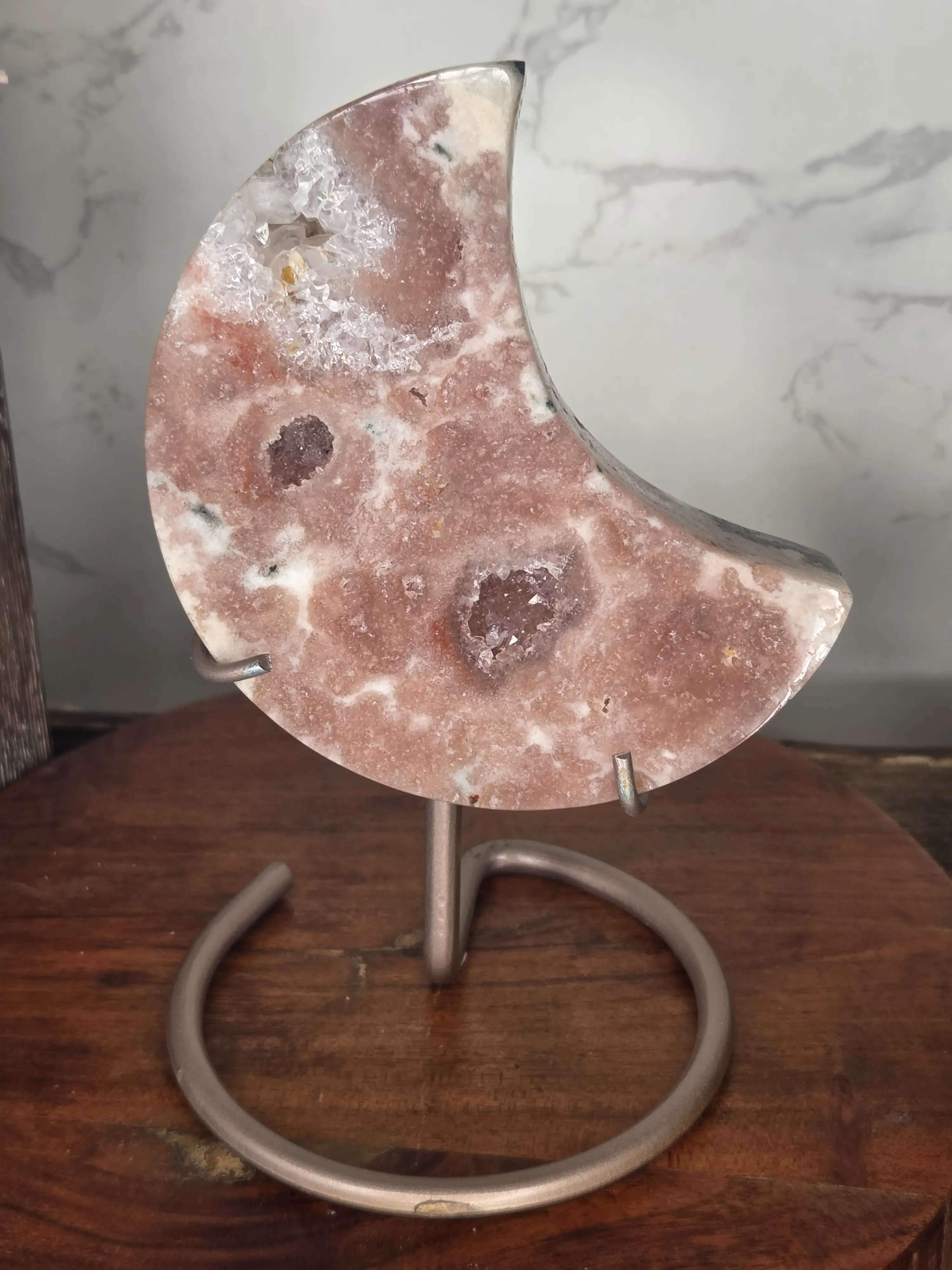pink amethyst Moon Crystal With Druzy 15 OZ 4 With ROSE GOLD STAND