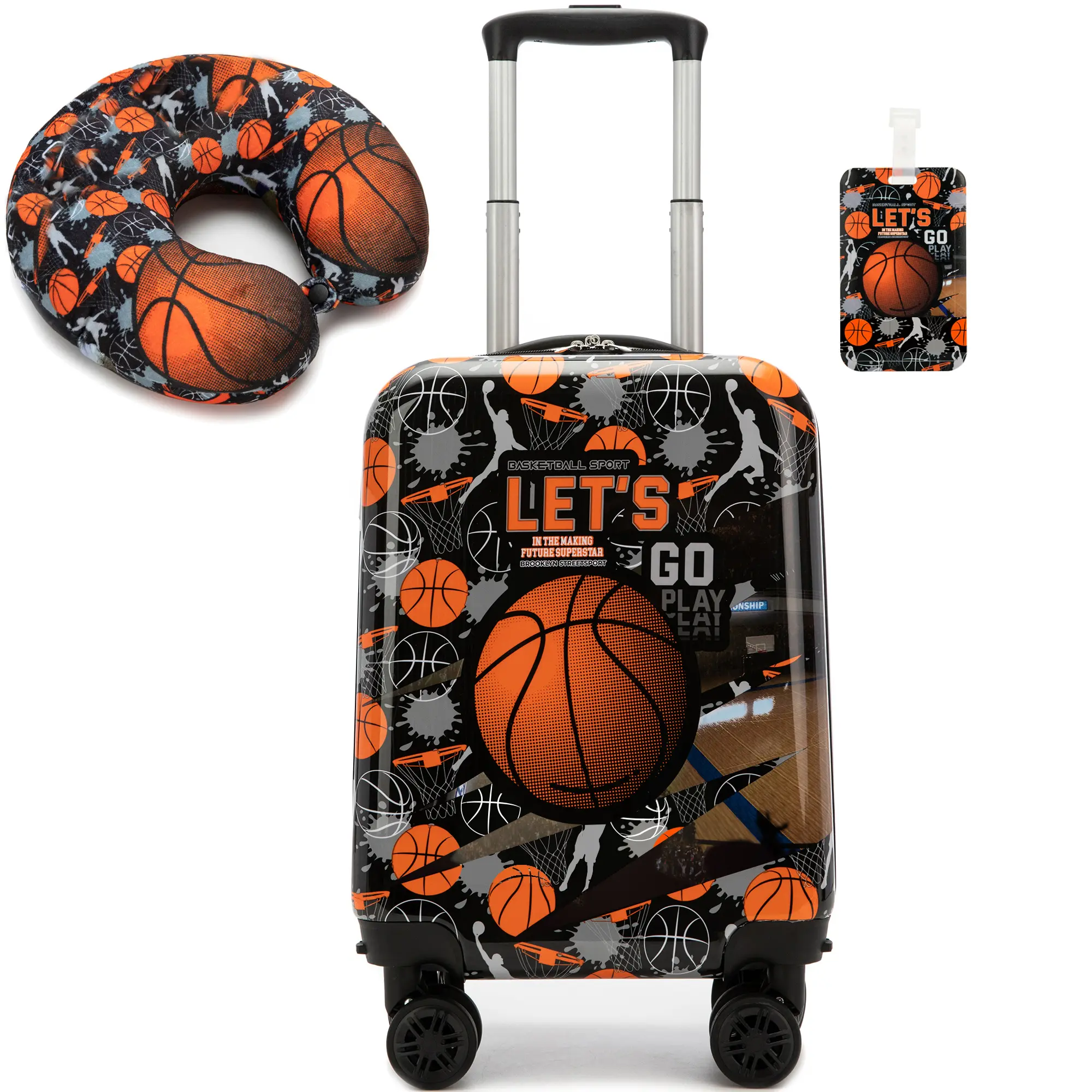 Boys' 3-Piece Kids Luggage Set, Carry-On Set with Armored Rigid Plastic ABS Hard-Shell Rolling Suitcase, Basketball Design, 4 Wheels 360 Rotation, Neck Pillow & Luggage Tag, 360° Wheels, Armored Rigid Plastic Carry-On Luggage