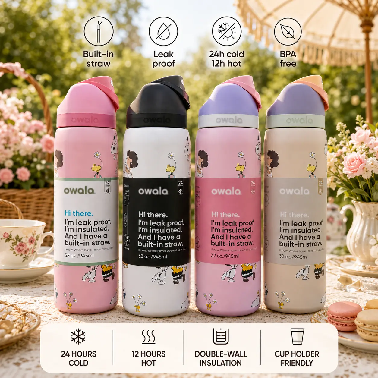 Owala FreeSip Shabby Chic Backyard Backdrop Cute Cartoon Dog Bottle | Heavy-Duty Vacuum Sealed Canteen | Sunlit Picnic Hydration Travel Flask new