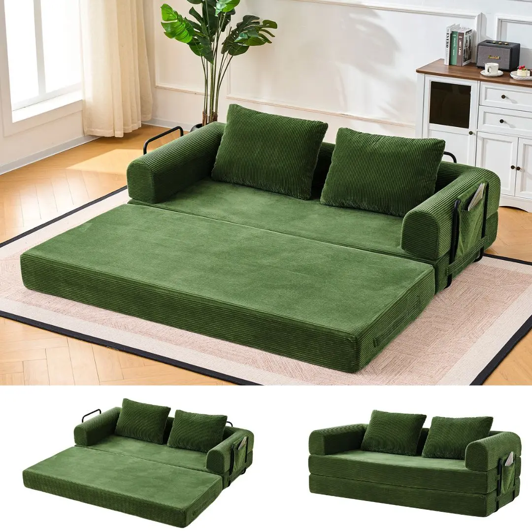 79”Convertible Sleeper Sofa Bed, Supportive High-Density Foam Loveseat Sleeper Couch with 2 Oversized Pillows, 5-in-1 Modular Corduroy Floor Futon Folding 2 Adults Bed Floor Mattress for Small Spaces, Washable Cover, No Assembly,dorm essentials,home decor