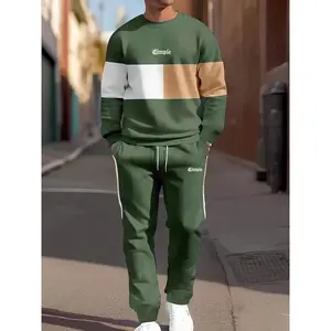 Men's Patchwork Letter Print Sweatshirt & Drawstring Waist Sweatpants Set, Casual Round Neck Long Sleeve Pullover & Pocket Jogger Pants, Two-piece Outfits for Fall & Winter, Sweatsuit With Pockets, Sweatsuit Matching Set