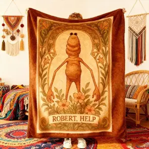 Marcus The Worm Fleece Flannel Blanket, Robert Help Muppet Character Inspired Artistic Floral Throw, Funny Rigatoni Pasta Meme Blanket for Couch Bed or Dorm, Cozy Worm Bedroom Decor for Gamers & Meme Fans,,Adults Kids Holiday Birthday Xmas Christmas Party