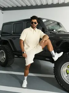 Men's 2-Piece Collared Neck Shortsleeve Polo Shirt & Shorts Set - Menswear, Plain Solid Textured Breathable Fabric, Relaxed Loose Fit, Casual Summer Sports Essential Outfit