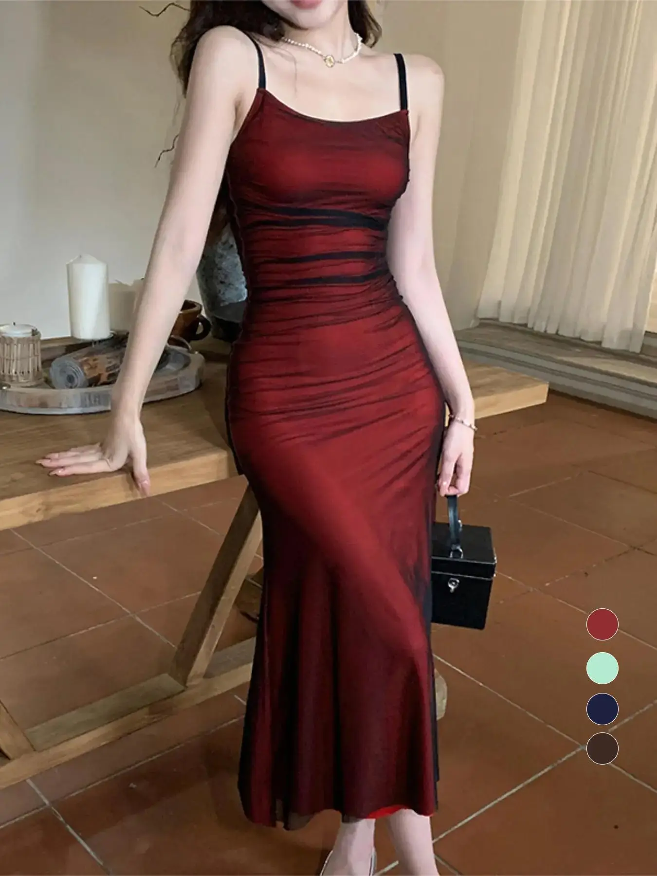 Women's Plain Ruched Cami Dress, Elegant Sleeveless Spaghetti Strap Bodycon Long Dress for Party Club Dating Wear, Ladies Clothes for All Seasons