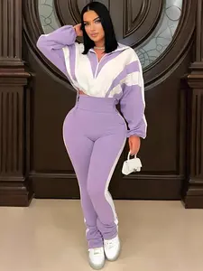 Women's Spring Fashion Casual Patchwork Crop Top Set, High Neck Zipper Jacket and Flared Pants, Comfortable Outdoor Sportswear