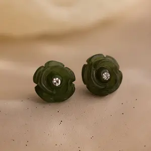 Jade Rose Studs by Caitlyn Minimalist - Dainty Jade & Diamond Flower Earrings - Dark Green Crystal Stud Earrings - Vintage Jewelry - Mother's Day Gift