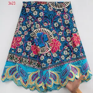 African Ankara Wax Embroidery Lace Fabric per yard Colorful Floral Design with Blue and Gold