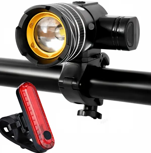 Durable Aluminium Alloy Zoomable Adjustable Focus Bike Headlight - USB Rechargeable Waterproof LED Flashlight with USB Port, 1.5-2.5cm Handlebar Clamp Quick-Mount, for Night Cycling, Hiking, Mountain Bike Lights & Reflectors, Fits 1.5-2.5Cm Handlebar