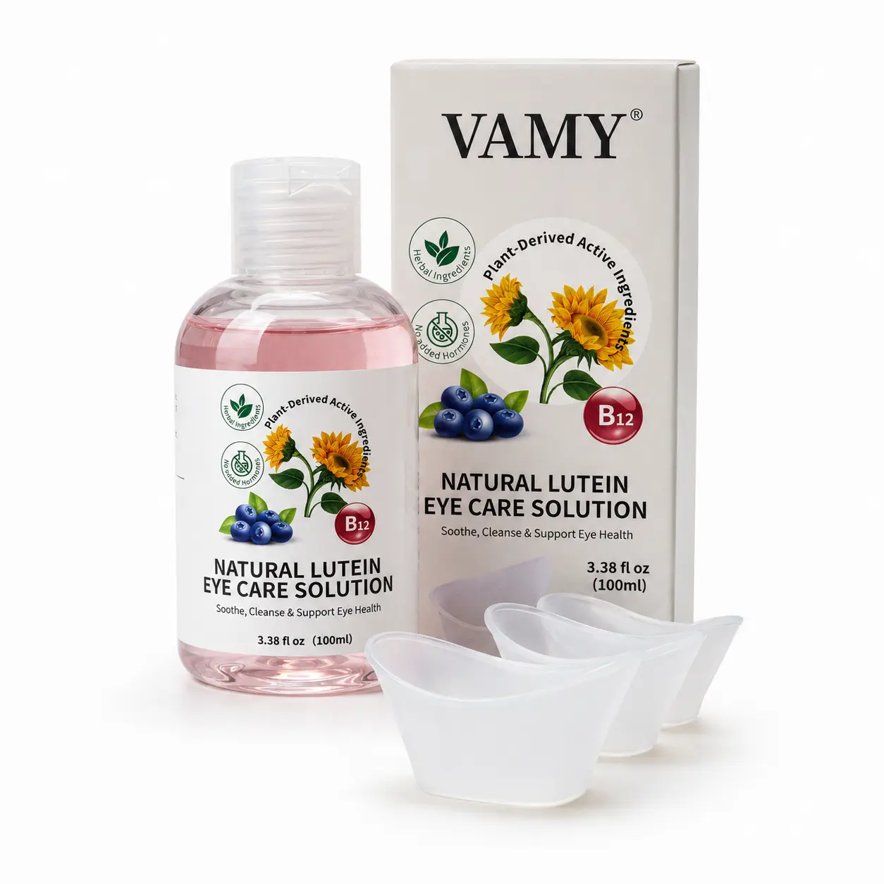 VAMY Natural Lutein Eye Wash Solution with Silicone Eye Cup, 100ml Gentle Eye Rinse for Screen Users & Makeup Lovers, Daily Eye Cleansing Care with Blueberry, Vitamin B12 & Plant-Based Ingredients