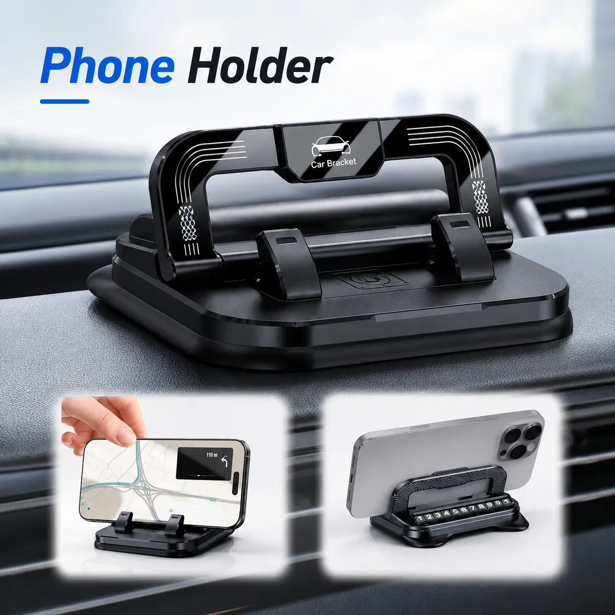 2-in-1 Suction Cup Car Phone Holder with Parking Number Plate, for Car Dashboard Interior Use, Universal Mobile Phone Bracket, 360° Rotation Adjustable Angle Anti-Slip Stable Phone Mount