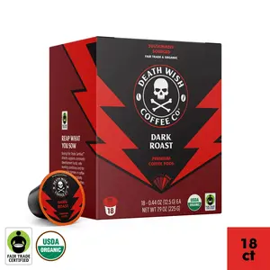 Death Wish Coffee, Organic and Fair Trade, Dark Roast, Medium Roast, Espresso Roast Single-Serve Coffee Pods, 18 Count
