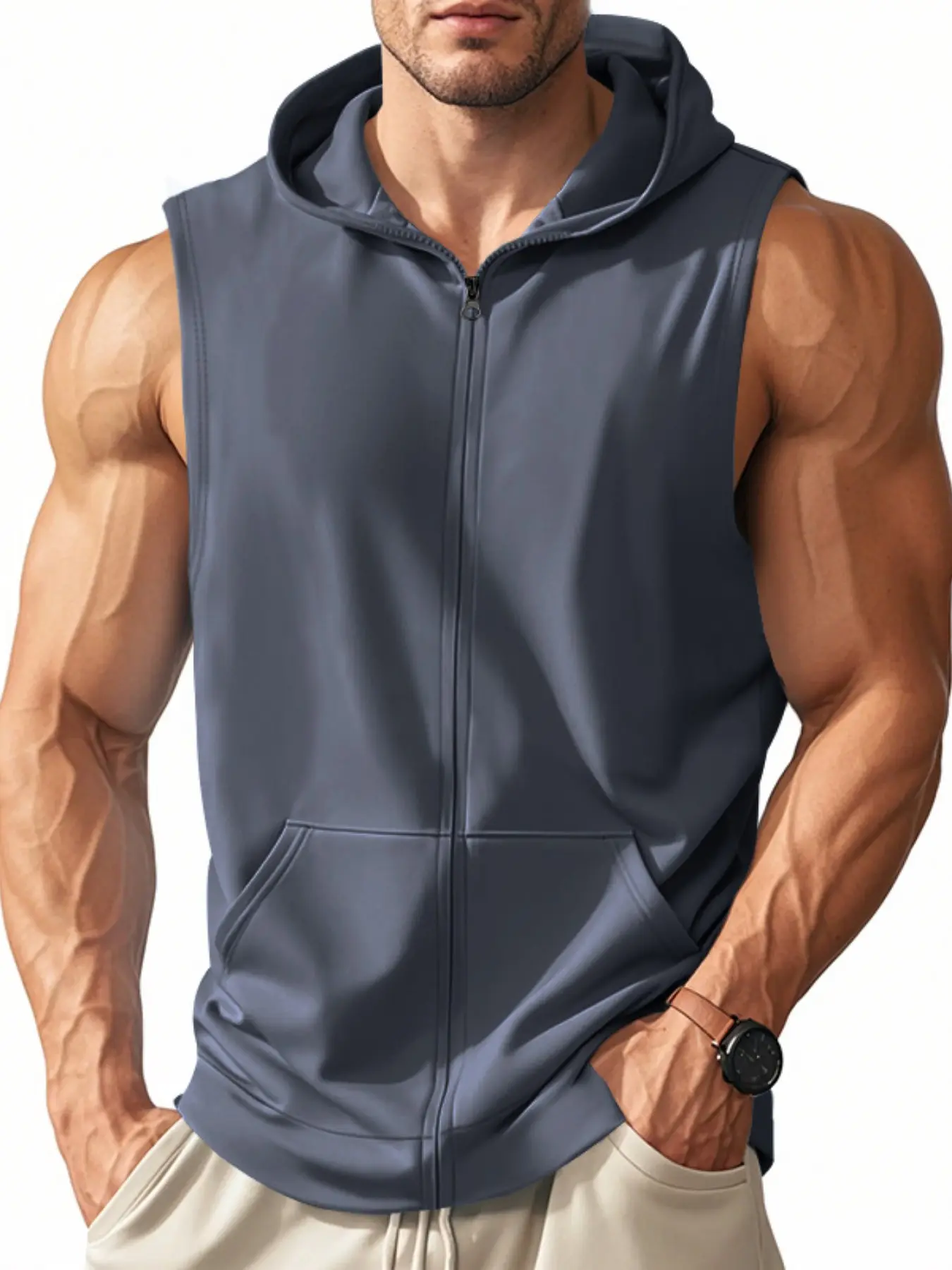 Men's Street Style Hooded Sleeveless Vest, Yoga Sports Vest, Zipper Vest, Trendy Zip-Up Hoodie with Kangaroo Pocket, High Street Activewear for Fitness Workout Casual Versatile Outerwear Top for Gym and Daily Wear
