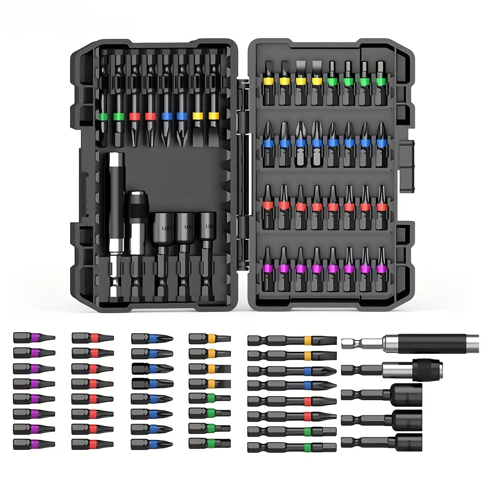 45-Pieces Color-Coded Alloy Steel Magnetic Screwdriver Bit Set - Slotted, Cross, Flat, Torx, Hex Nut Driver Sockets, Extension Holders, Hard Storage Case for DIY Enthusiasts, Auto Repair Power Tool Accessories