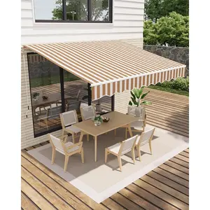 12'x10' Retractable Awning, Manual Awnings for Patio, Sun Shade Patio Awning with Crank Handle, Aluminum Frame, 280 g Polyester Fabric, for Deck, Balcony, Yard