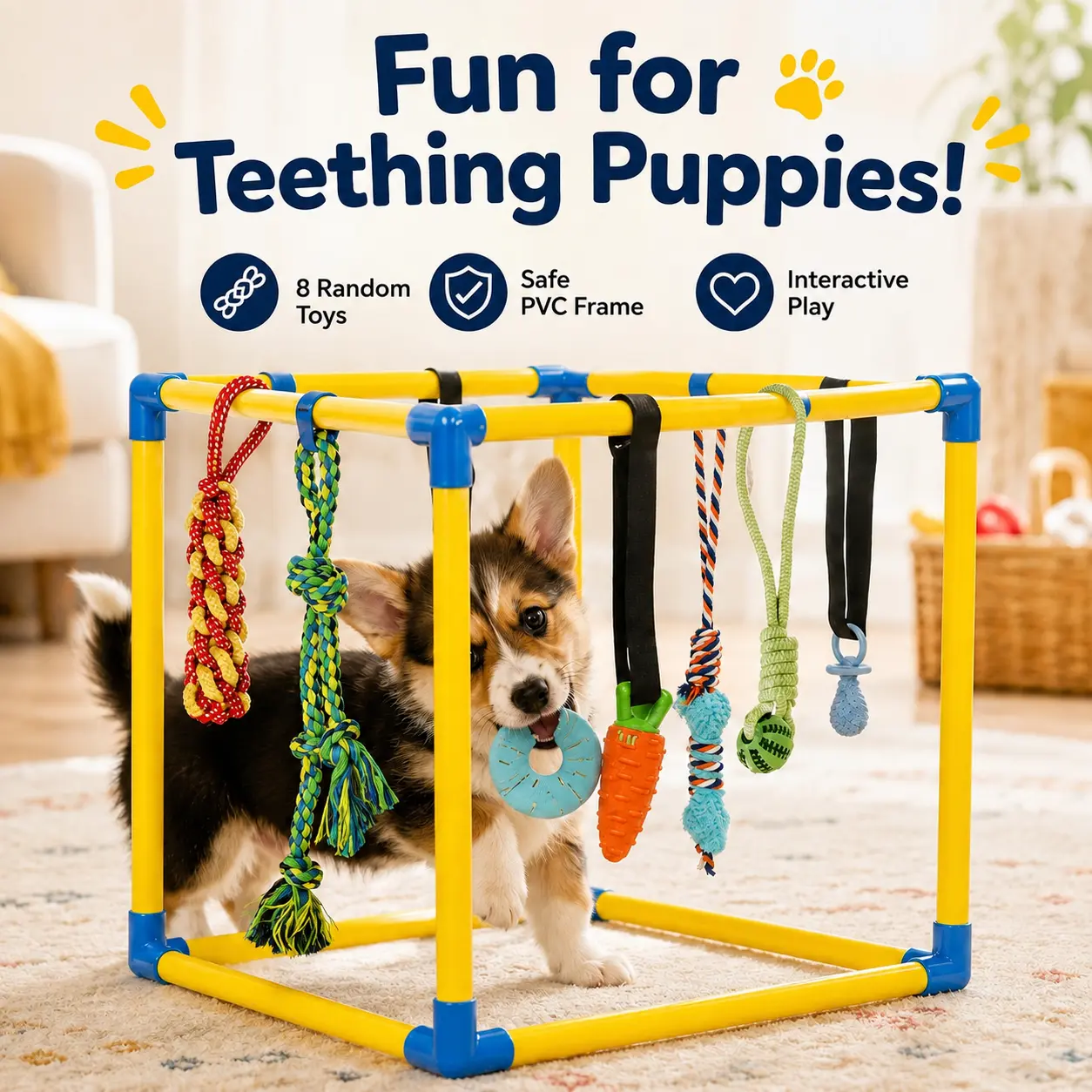 Puppy Play Gym with 8 Random Hanging Toys, Interactive Dog Enrichment Activity Center for Small Dogs, Indoor PVC Frame with Rope, Squeaky, Teething and Chew Toys, Adjustable Height, Toy Poodle, Easy Removable Toys