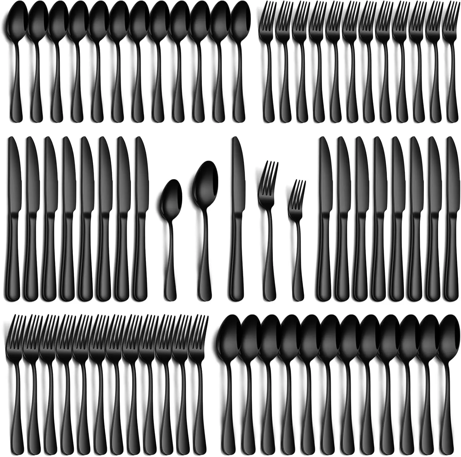 Fmvkoe 60pcs Matte Black Corrosion-Resistant Stainless Steel Tableware Set for 12 - Exceptional Value Cutlery with Steak Knives, Salad Forks, Dessert Spoons, Dishwasher-Safe, Gift Box-Included, Birthday Gift Ideas for Cafes & Home Weddings