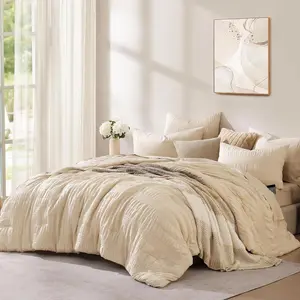 CASAAGUSTO Full Size Comforter Set, 7 Pieces Beige Seersucker Bed in a Bag Full Size Soft All Seasons, Bedding Sets with Comforter, Flat Sheet, Fitted Sheet, 2 Pillow Shams, 2 Pillowcases